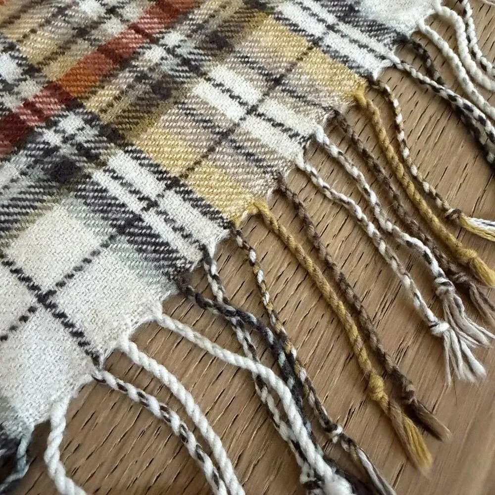 Pottery Barn Plaid Throw Blanket Yellow Brown Cream Fringe 50x60 Fall